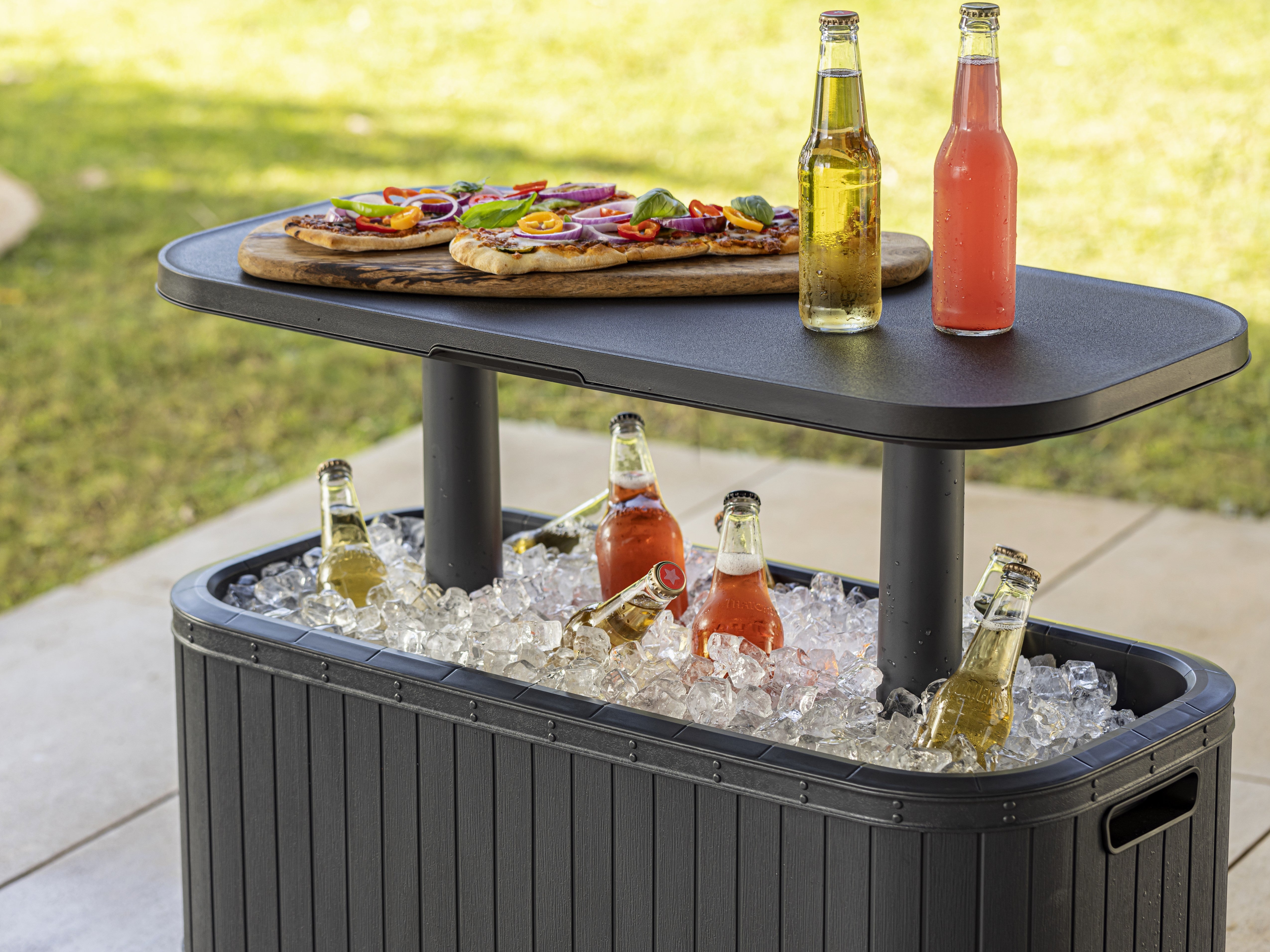 Bevy Bar with iced drinks and food on table