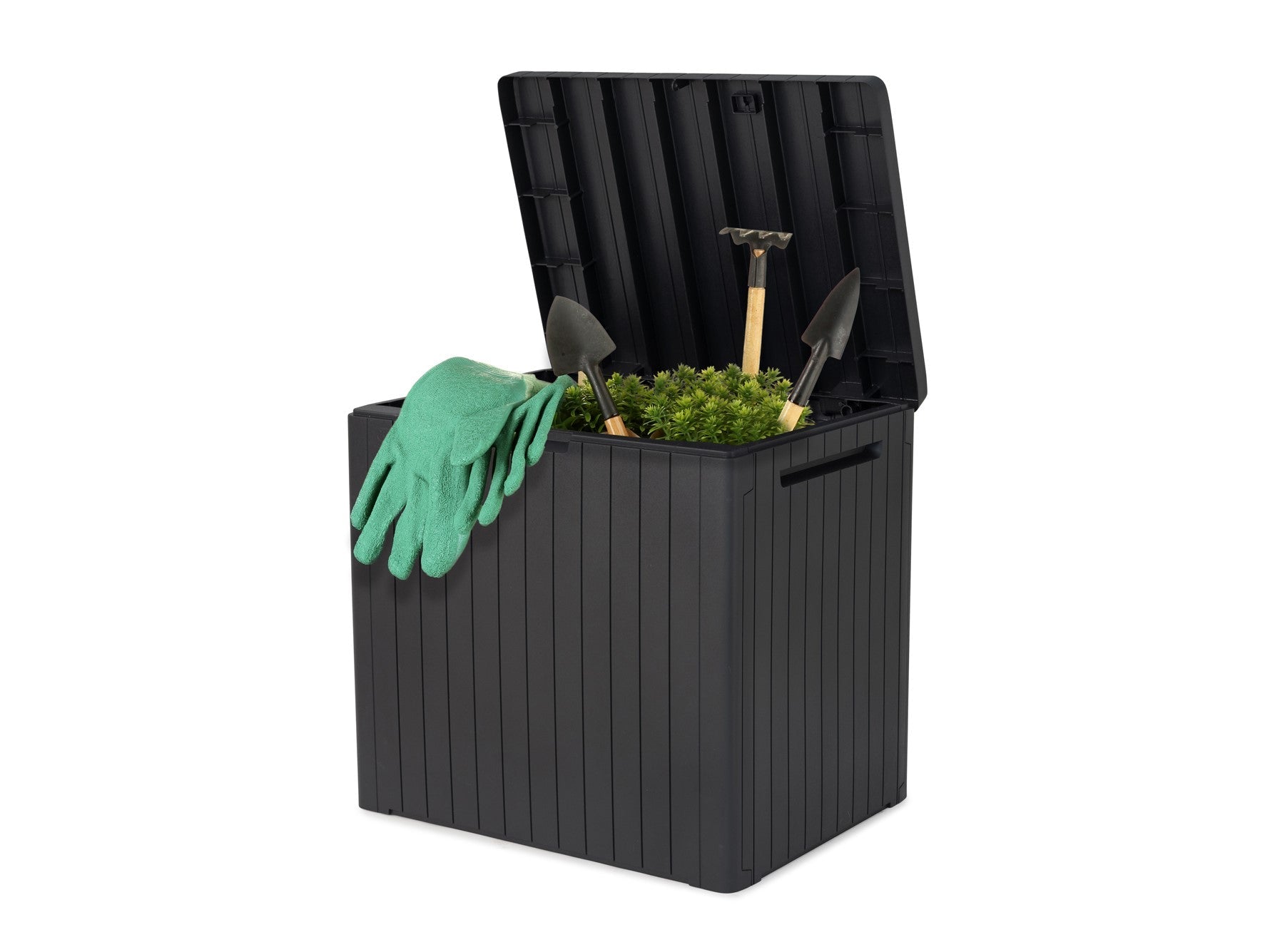 City Box clearcut with lid open showing gardening tools