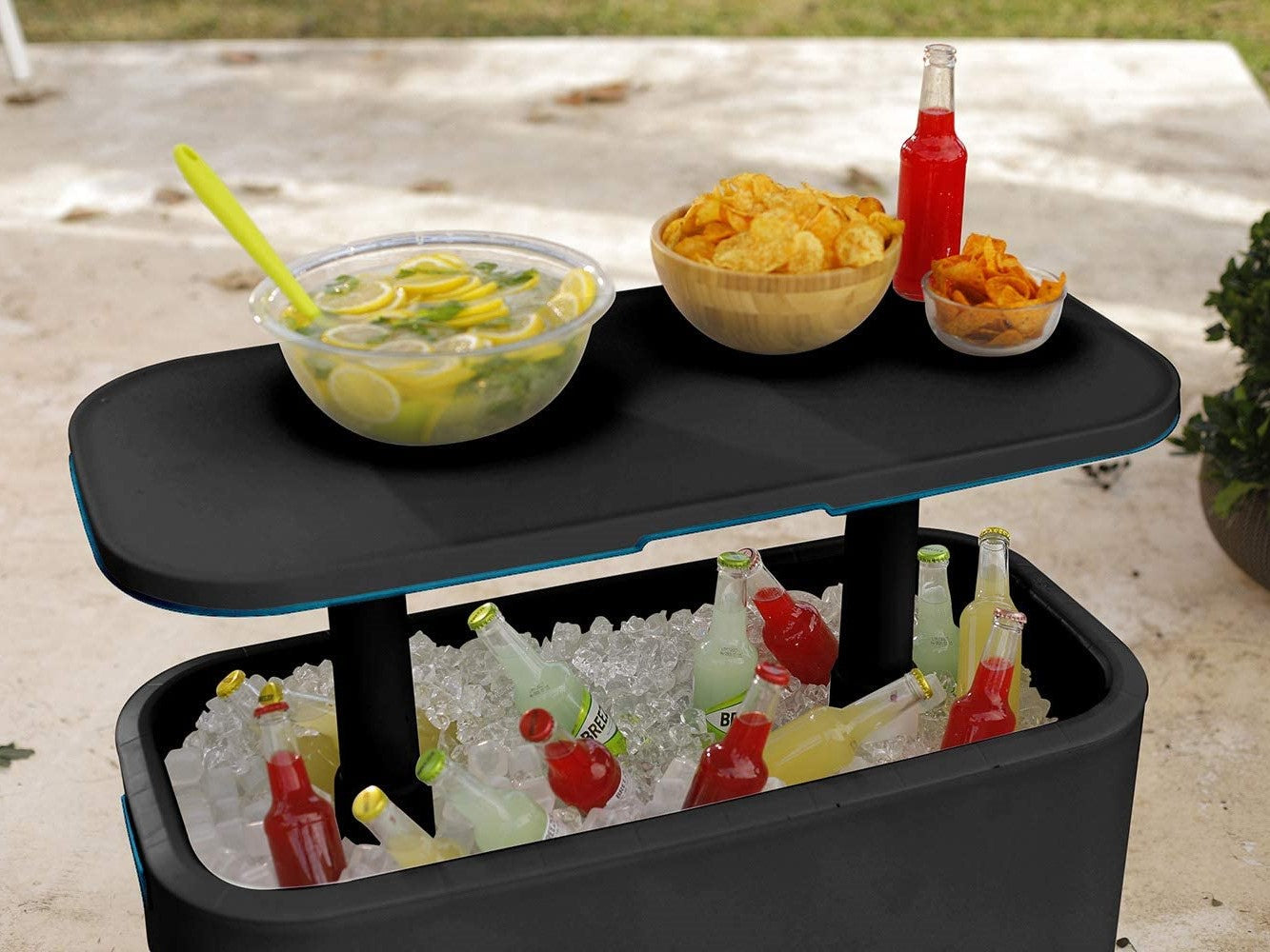 Close up of Breeze Bar loaded with drinks and food