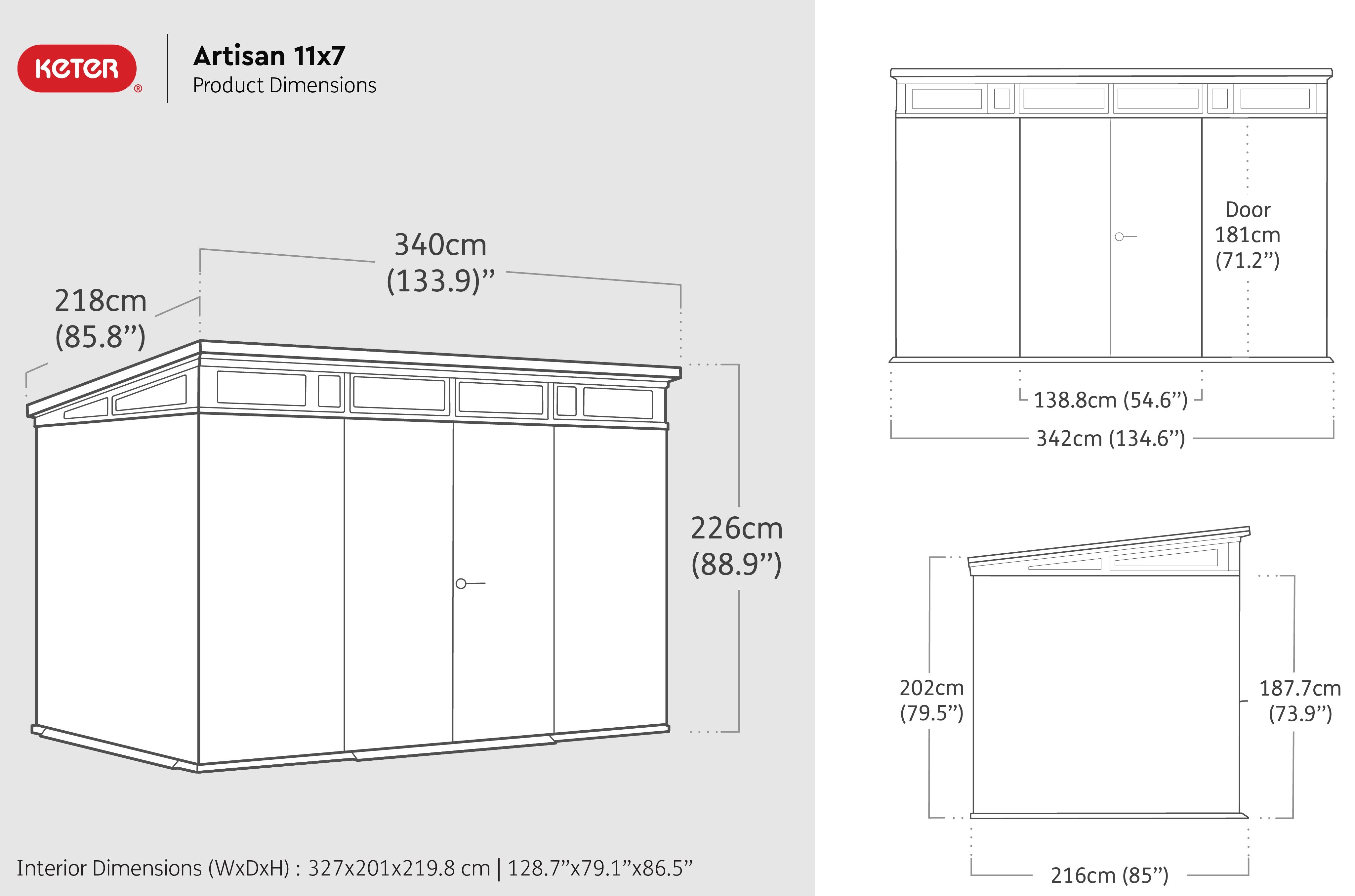 Dimension drawing of the Artisan 11x7 shed