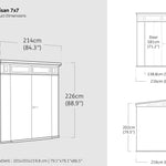 Dimension drawing of the Artisan 7x7 shed