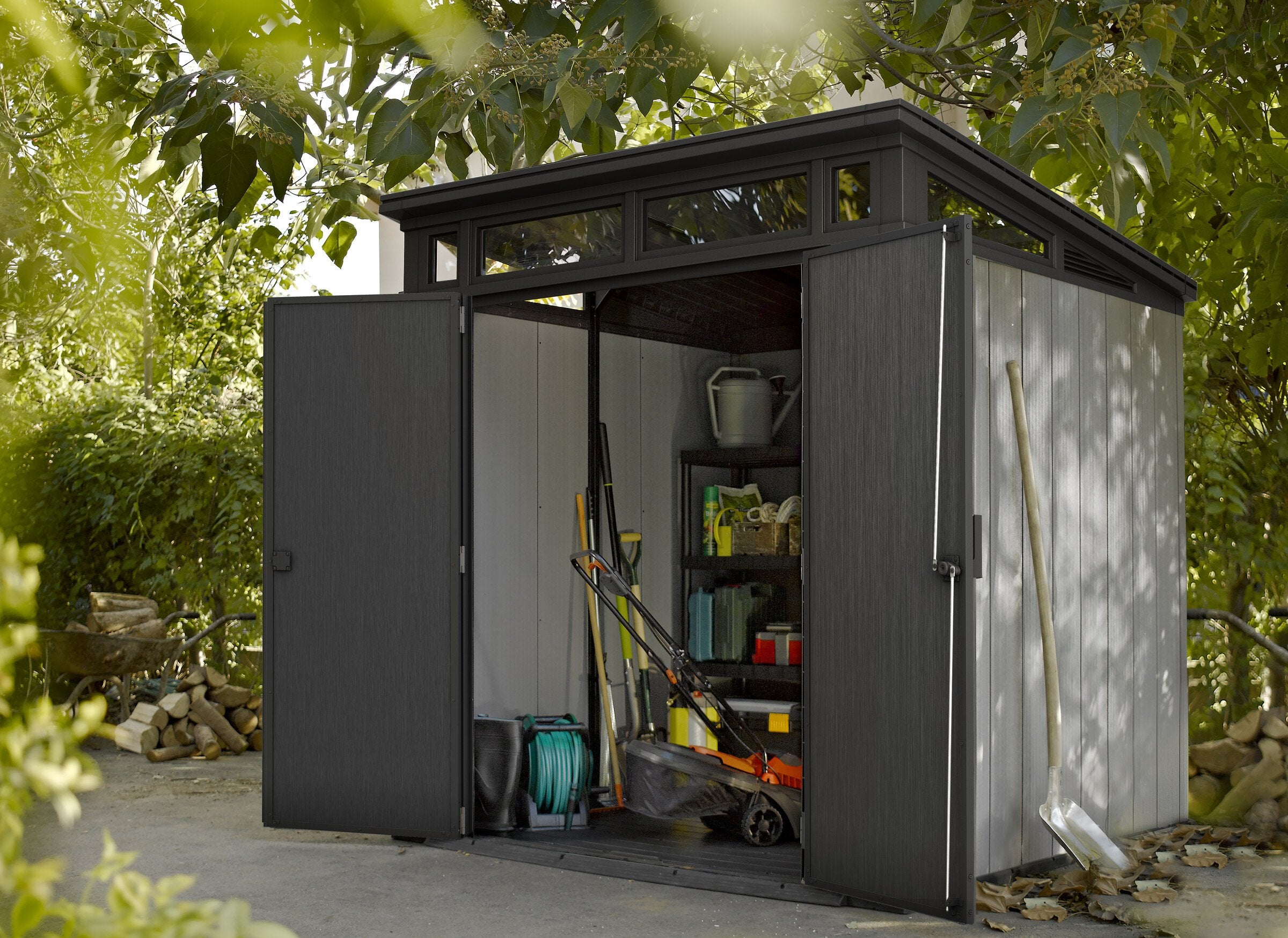Artisan 7x7 shed with double doors open