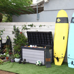 Cushion box in patio setting with surfboards and sports equipment