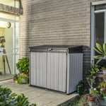 Outdoor storage unit in a courtyard setting