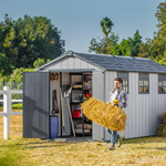 Keter Oakland 7515 shed on sunny day with haybales