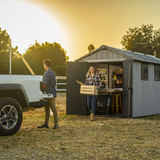 Keter Oakland 7515 shed with a sunset background