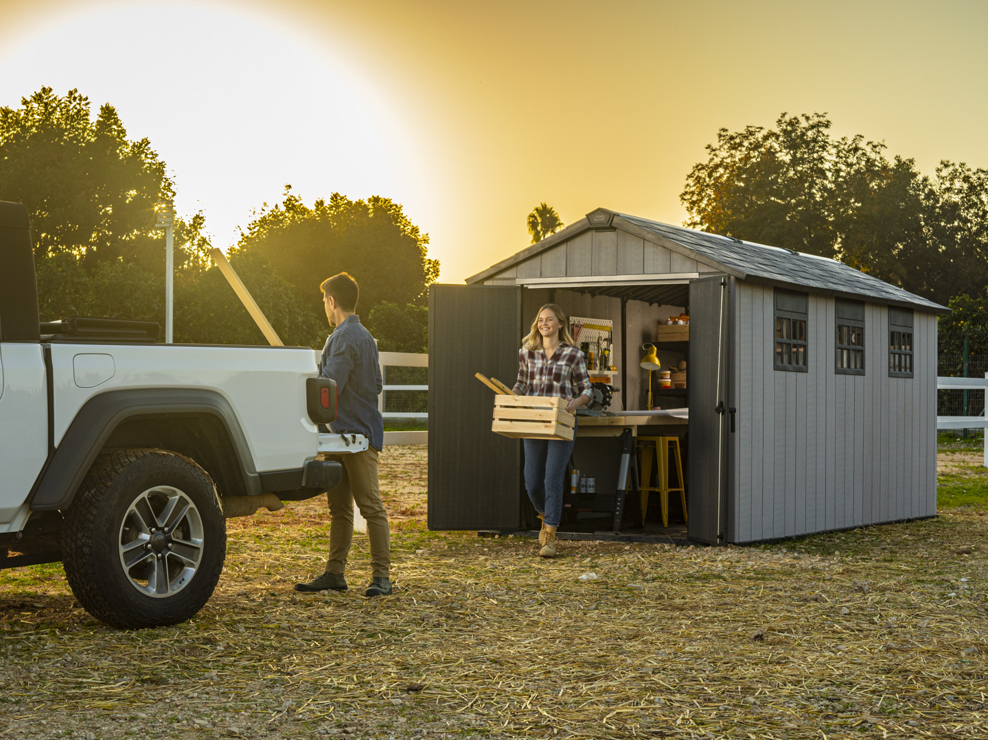 Keter Oakland 7515 shed with a sunset background