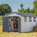 Keter Oakland 7515 shed on sunny day with haybales