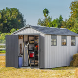 Keter Oakland 7515 shed on sunny day with haybales