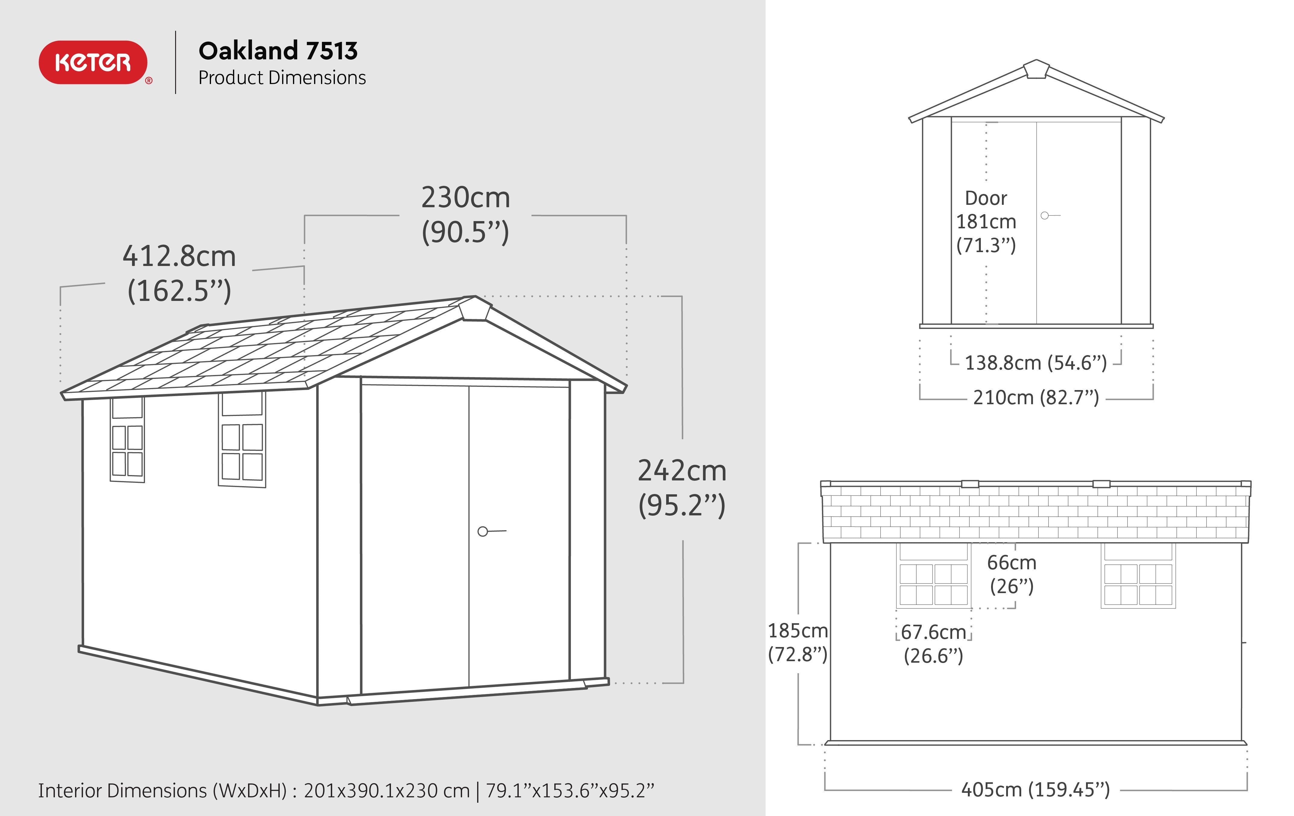 Dimensions for the Keter Oakland 7513 shed