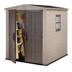 Clear cut of the Keter Factor 6x6 shed with door open