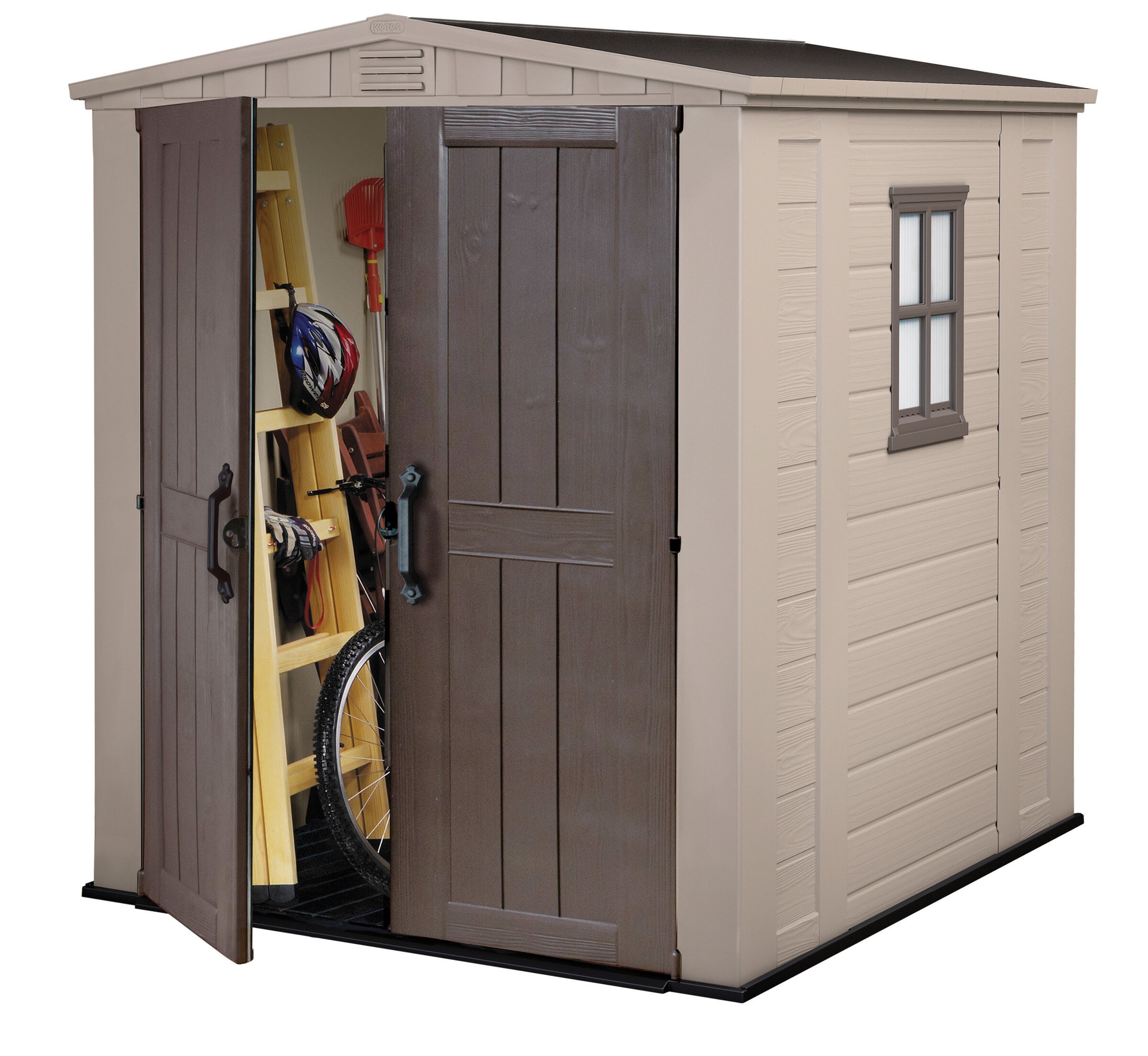 Clear cut of the Keter Factor 6x6 shed with door open