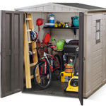 Keter Factor 6x6 shed with both doors open full of gear