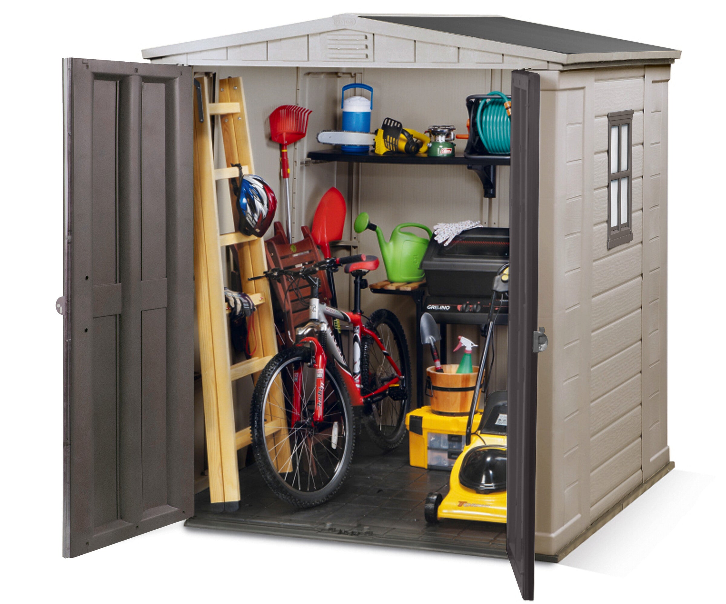 Keter Factor 6x6 shed with both doors open full of gear