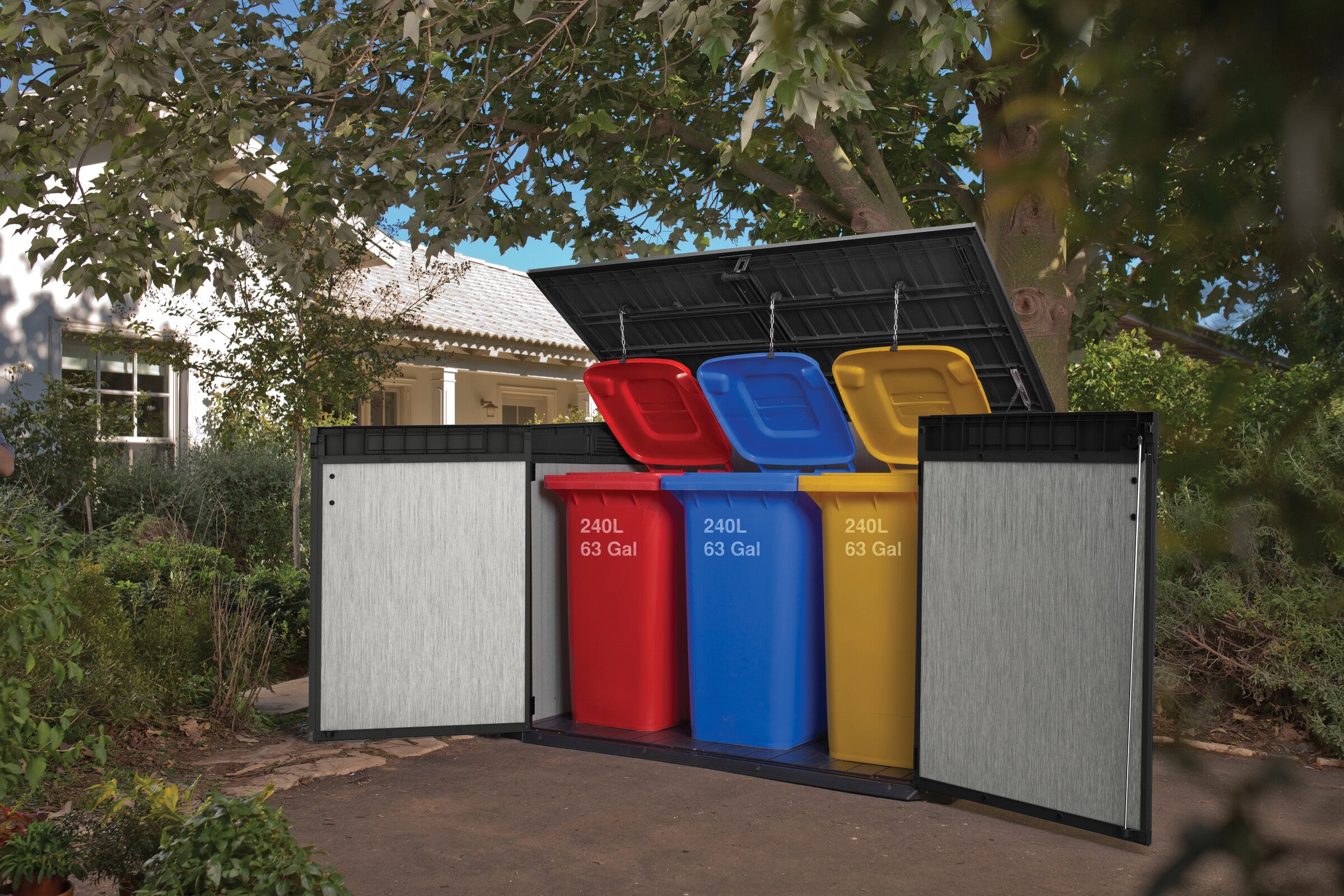 3 large rubbish bins being stored in the Grande Store