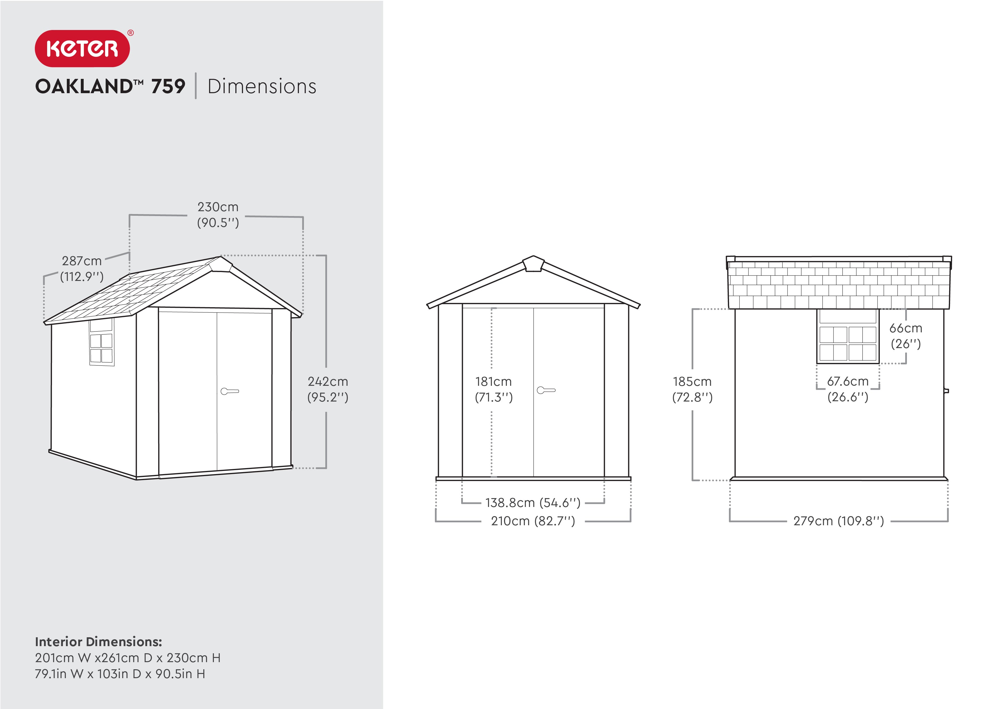 Dimensions for the Keter Oakland 758 shed