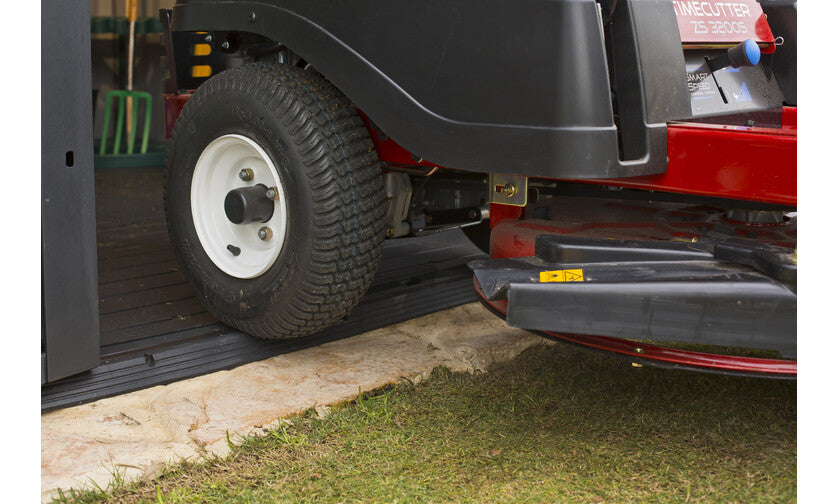 Sloping threshold on the Keter Oakland Sheds great for ride on mowers