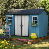 Keter Oakland 1175SD My Shed painted blue with flowers planted in flower boxes