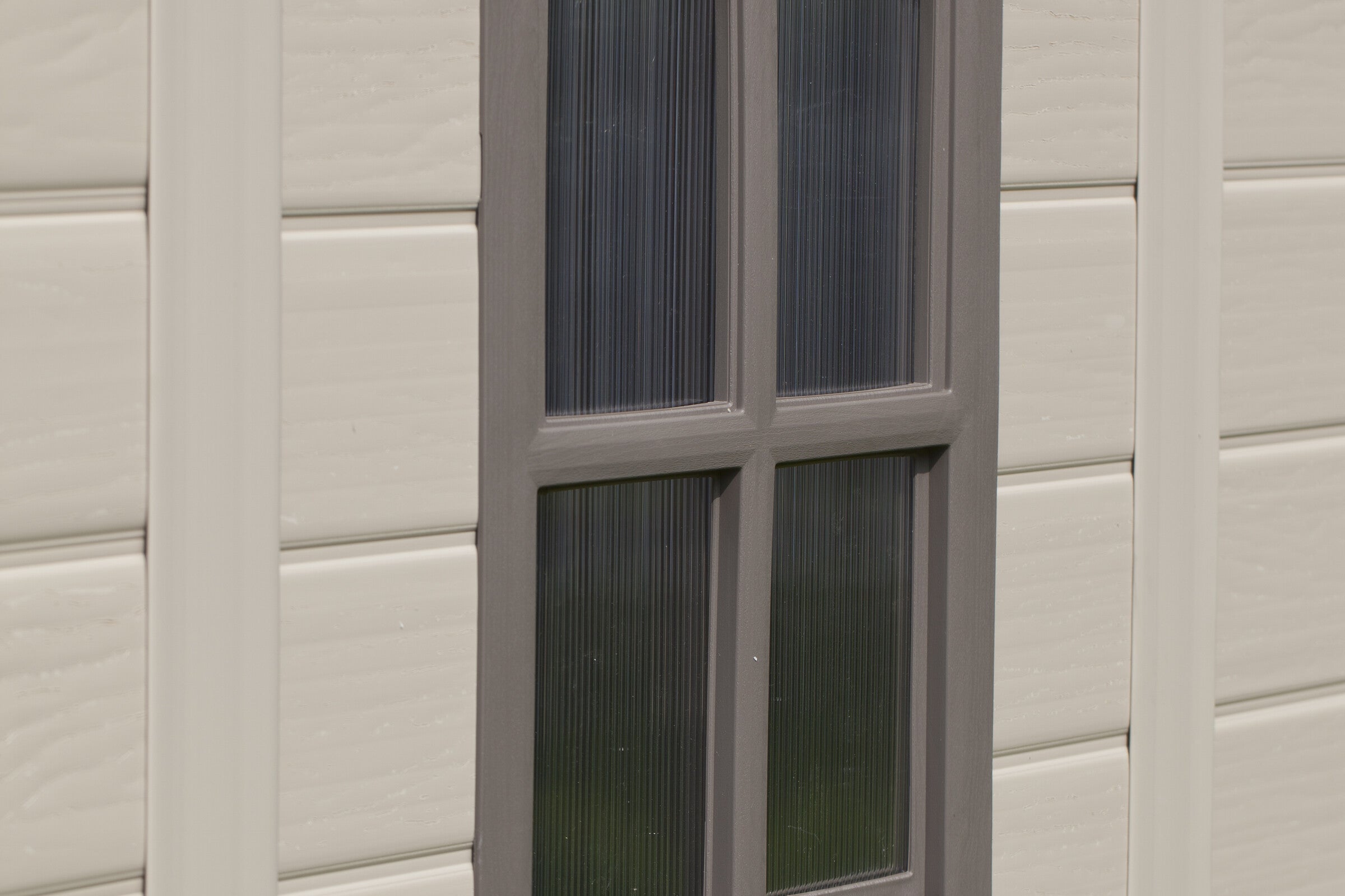 Close up of the window on thew Factor 6x6 shed