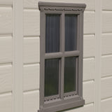 Close up of the window on thew Factor 6x6 shed